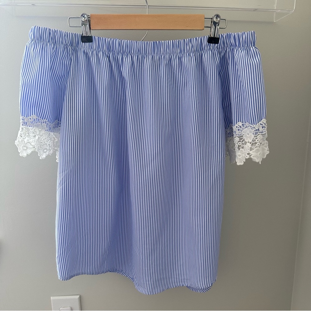 White and Blue Stripe off the shoulder top